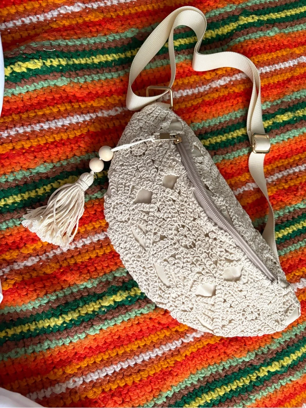 Crocheted Cream Crossbody Belt Bag with Tassel